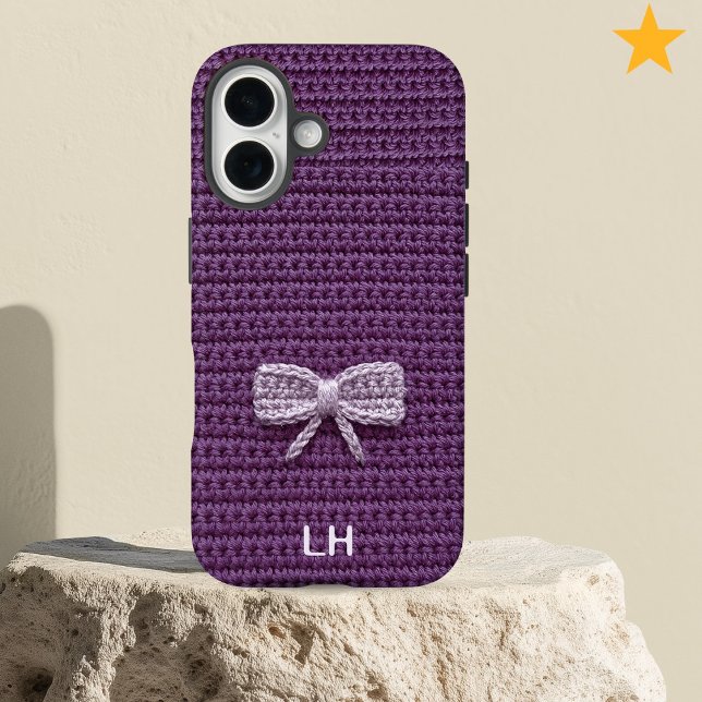 Funda iPhone 16 Cute Purple Crochet Bow Yarn Custom Name (Subido por el creador)