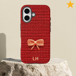 Funda iPhone 16 Cute Red Crochet Bow Yarn Custom Name