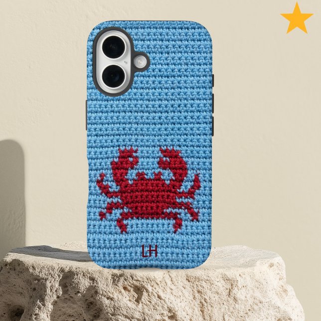 Funda iPhone 16 Cute Red Crochet Crab Yarn Custom Name Initials (Subido por el creador)