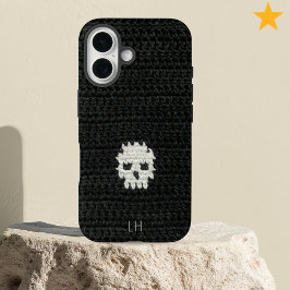 Funda iPhone 16 Cute Soft Goth Crochet Skull Yarn Custom Name