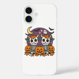 Funda iPhone 16 Cute Spooky Skeleton Cows with Pumpkins