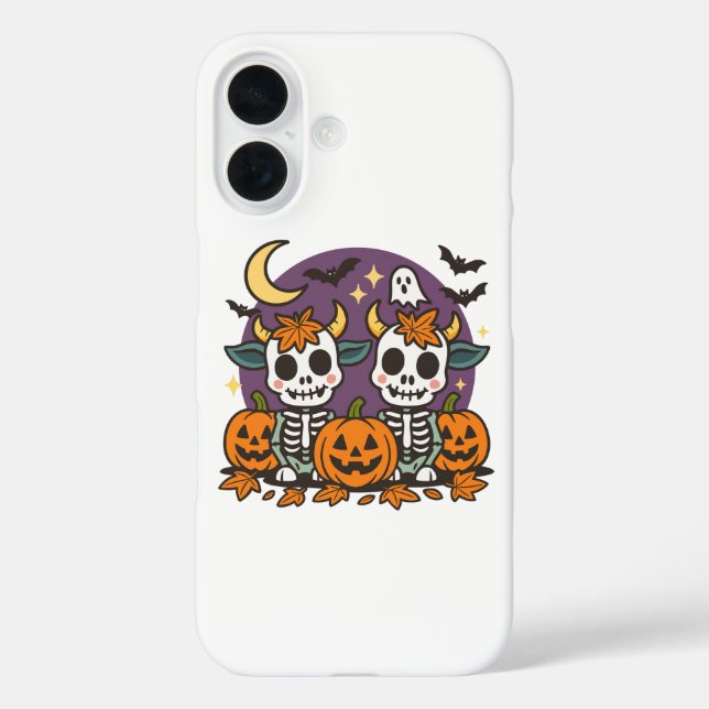 Funda iPhone 16 Cute Spooky Skeleton Cows with Pumpkins  (Reverso )