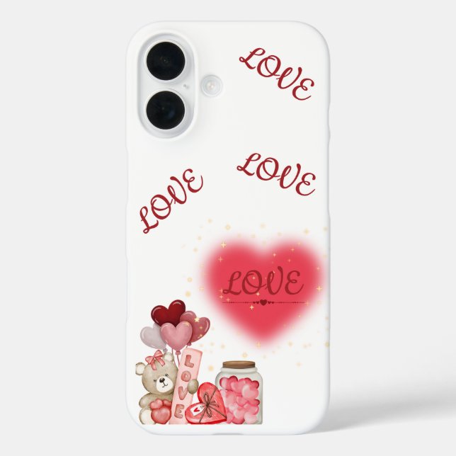 Funda iPhone 16 Cute Teddy & Sparkling Heart Valentine Phone Case (Reverso )