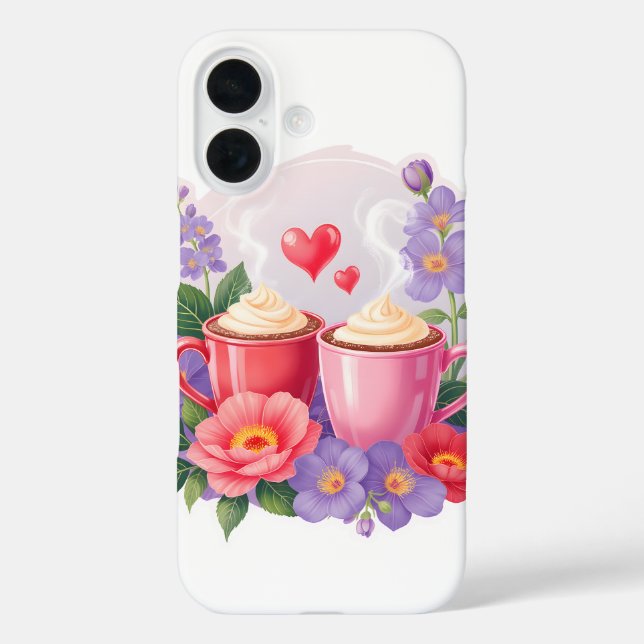 Funda iPhone 16 Cute Valentine Cocoa Mugs with Flowers & Hearts (Reverso )