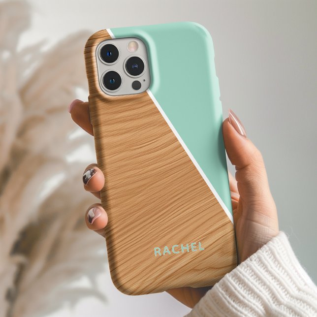 Funda iPhone 16 Cute Wood and Light Teal Personalized  (Subido por el creador)