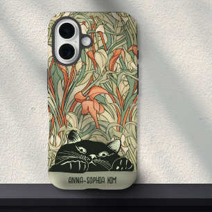 Funda iPhone 16 Cuto Cat Floral Art Nouveau Green Red Custom Name