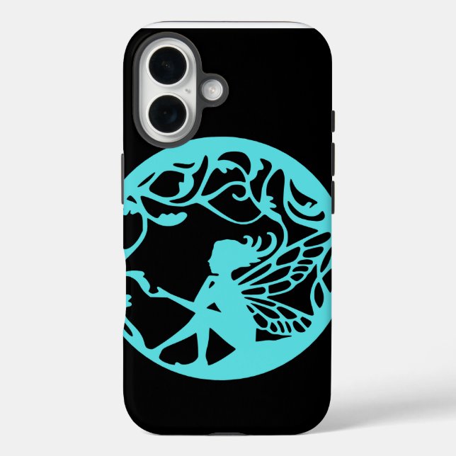 Funda iPhone 16 Cyan Fairy sobre el fondo negro (Reverso )