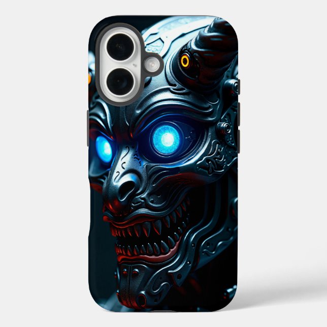 Funda iPhone 16 Cybernetic Oni Mask with Glowing Blue Eyes - Futur (Reverso )