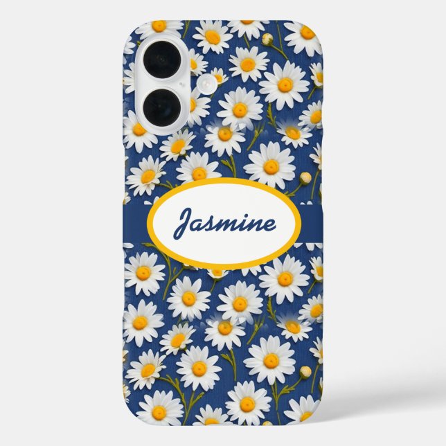 Funda iPhone 16 Daisies blancos en inglés sobre azul (Reverso )