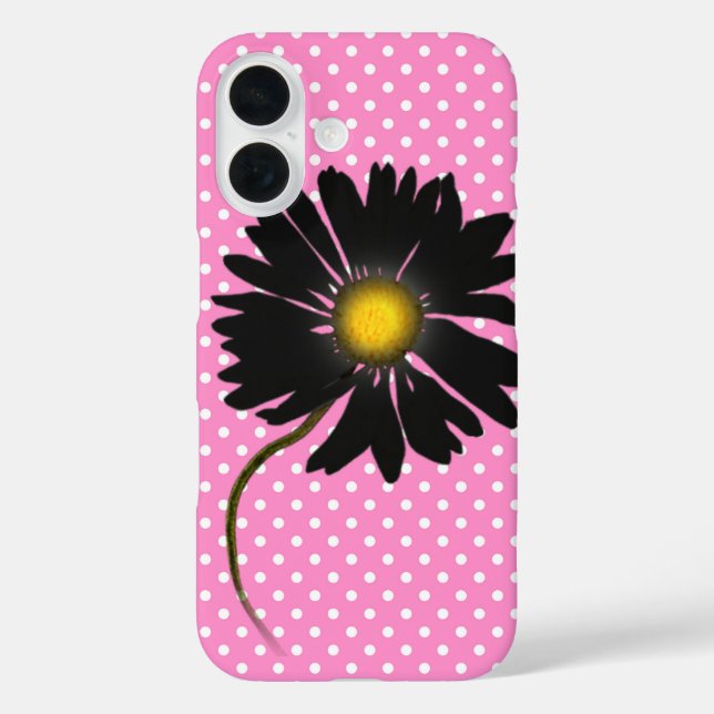 Funda iPhone 16 Daisy negro sobre puntos de polka (Reverso )