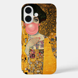 Funda iPhone 16 Dama de chicle rosa con gato negro Gustav Klimt