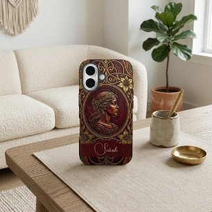Funda iPhone 16 Dama Victoriana Vintage Cuero Burgundy Chic 