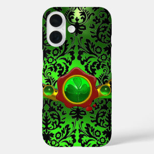 FUNDA iPhone 16 DAMASCA VERDE NEGRA, SHAMROCK, MONOGRAMA DE SELLO 