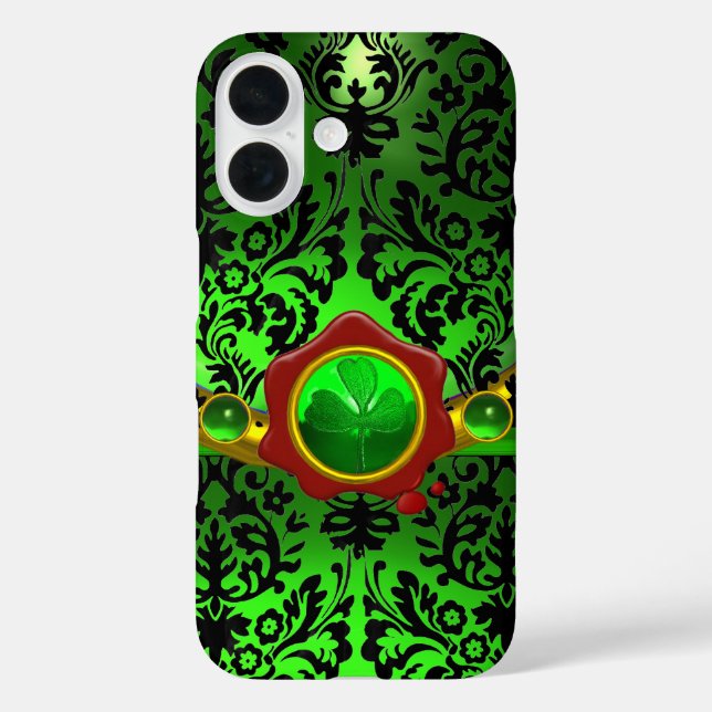 FUNDA iPhone 16 DAMASCA VERDE NEGRA, SHAMROCK, MONOGRAMA DE SELLO  (Reverso )