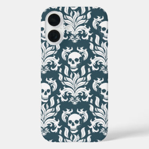 Funda iPhone 16 Damasco de llamas de cráneo en blanco crujiente so
