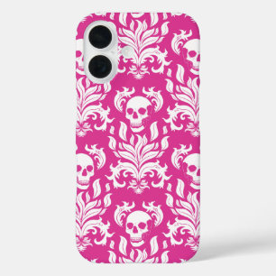 Funda iPhone 16 Damasco de llamas de cráneo en blanco crujiente so