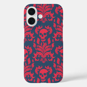 Funda iPhone 16 Damasco de llamas de cráneo en choque rojo en azul