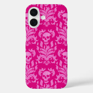 Funda iPhone 16 Damasco de llamas de cráneo en rosa efecto purpuri