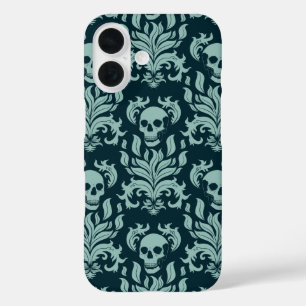 Funda iPhone 16 Damasco de llamas de cráneo en verde menta sobre a