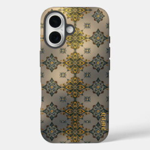 Funda iPhone 16 Damasco dorado floral sobre gris