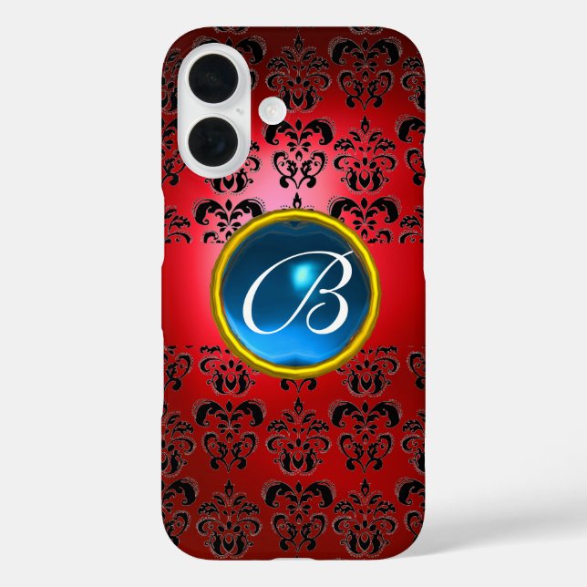 Funda iPhone 16 DAMASK GEM MONOGRAM azul rojo (Reverso )