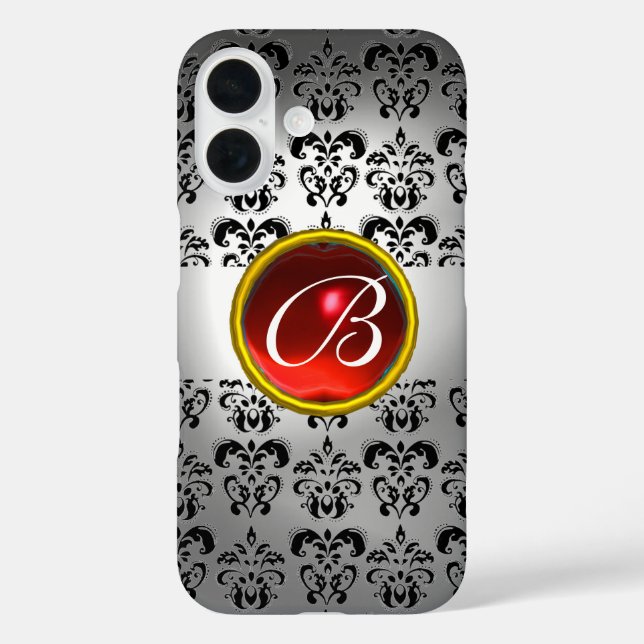 Funda iPhone 16 DAMASK GEM MONOGRAM rojo blanco (Reverso )