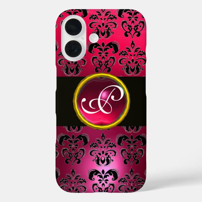 Funda iPhone 16 DAMASK GEM MONOGRAM Ruby rojo rosado (Reverso )