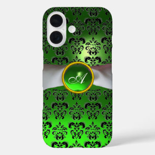 Funda iPhone 16 DAMASK GIRLY MONOGRAM cinta blanca verde
