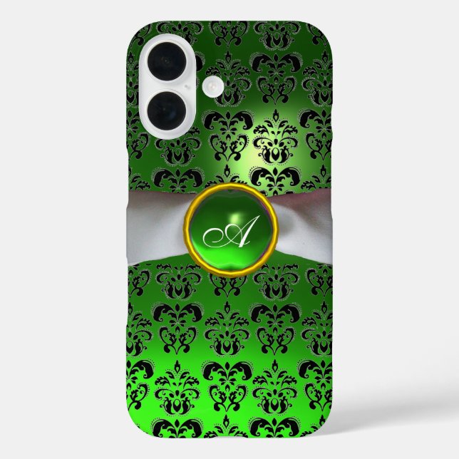 Funda iPhone 16 DAMASK GIRLY MONOGRAM cinta blanca verde (Reverso )