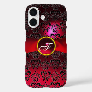 Funda iPhone 16 DAMASK GIRLY MONOGRAM cinta borgoña roja