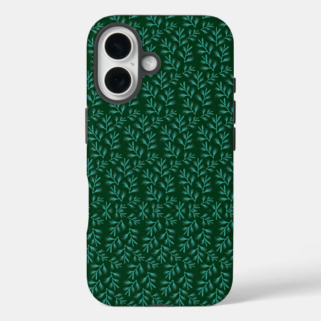 Funda iPhone 16  Dark Green Background with Teal Botanical Leaves (Reverso )