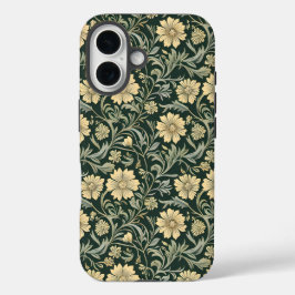 Funda iPhone 16 Dark green stylized yellow flowers  pattern 