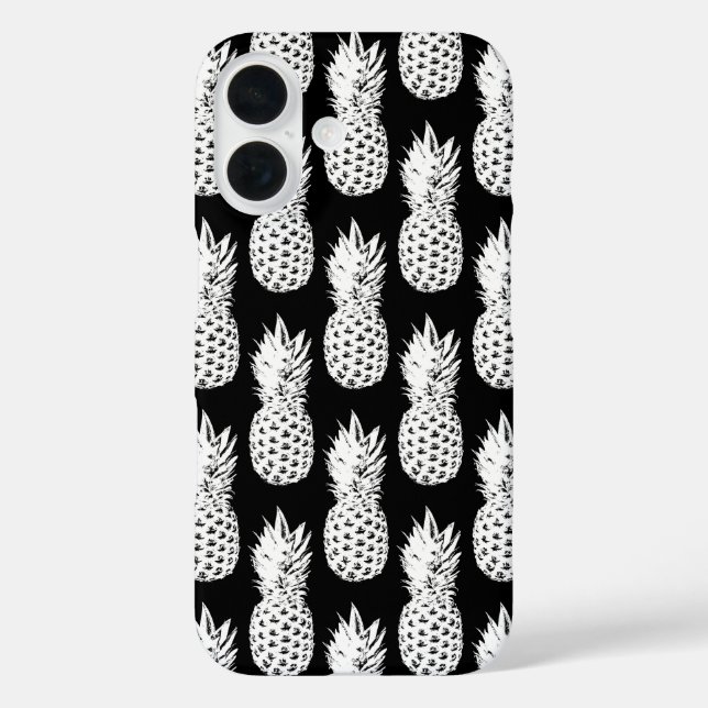 Funda iPhone 16 de patrón de piña blanca y negra (Reverso )