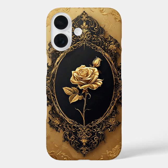 Funda iPhone 16 Decoración de Rosa con Embellimientos Dorados (Reverso )