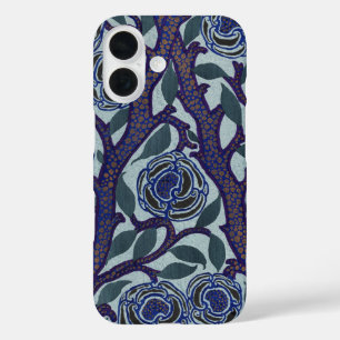Funda iPhone 16 Decoración floral de rosa Art Déco azul real y dor