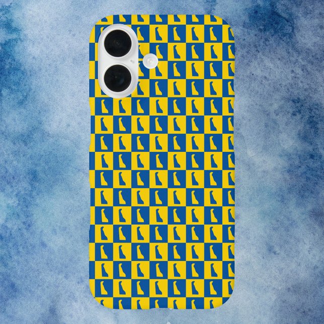 Funda iPhone 16  Delaware silhouette pattern blue gold (A phone case with a blue and gold pattern of Delaware.)