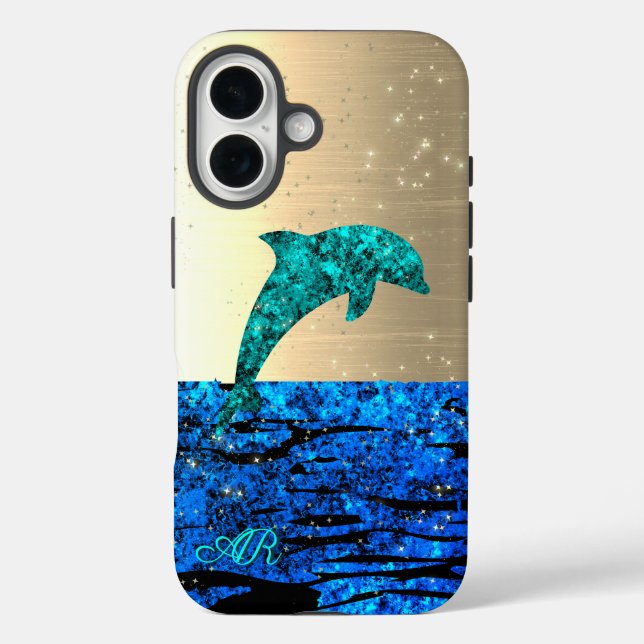 Funda iPhone 16 Delfín en el mar, brillante, monogramado  (Reverso )