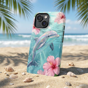 Funda iPhone 16 Delfín Irisado y Hibisco Rosa Océano Tropical
