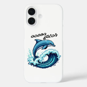 Funda iPhone 16 Delfín Pixel Art Salto Sobre Diseño De Ondas