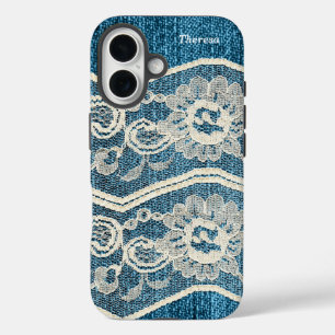 Funda iPhone 16 Denim azul moderno y encaje blanco