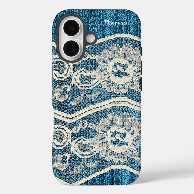 Funda iPhone 16 Denim azul moderno y encaje blanco (Reverso )