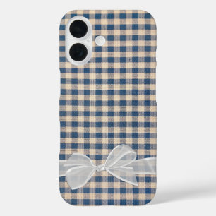 Funda iPhone 16 Denim Gingham Con Bow Blanco