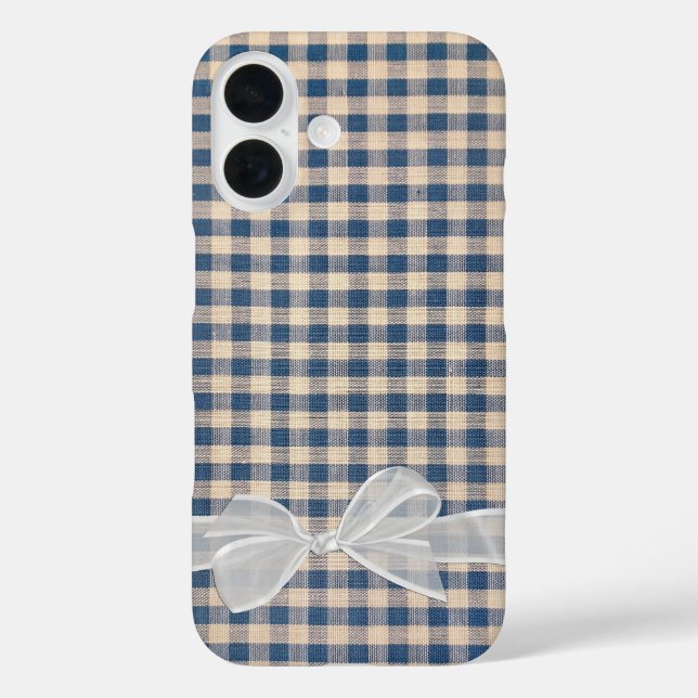 Funda iPhone 16 Denim Gingham Con Bow Blanco (Reverso )