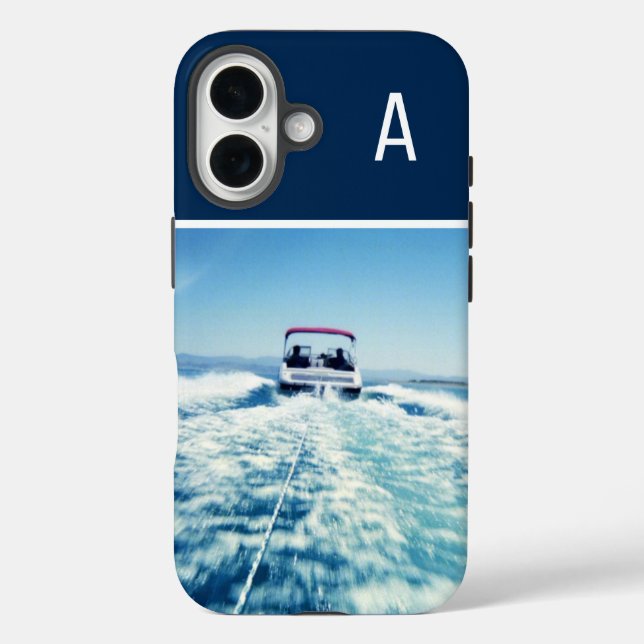 Funda iPhone 16 Deportes Acuáticos Foto Vertical Monogramada Azul  (Reverso )