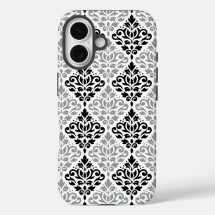 Funda iPhone 16 Desplazamiento Damask Gran patrón negro gris blanc