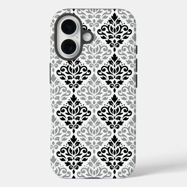 Funda iPhone 16 Desplazamiento Damask Gran patrón negro gris blanc (Reverso )