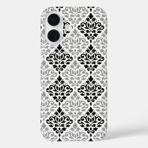 Funda iPhone 16 Desplazamiento Damask Gran patrón negro gris blanc