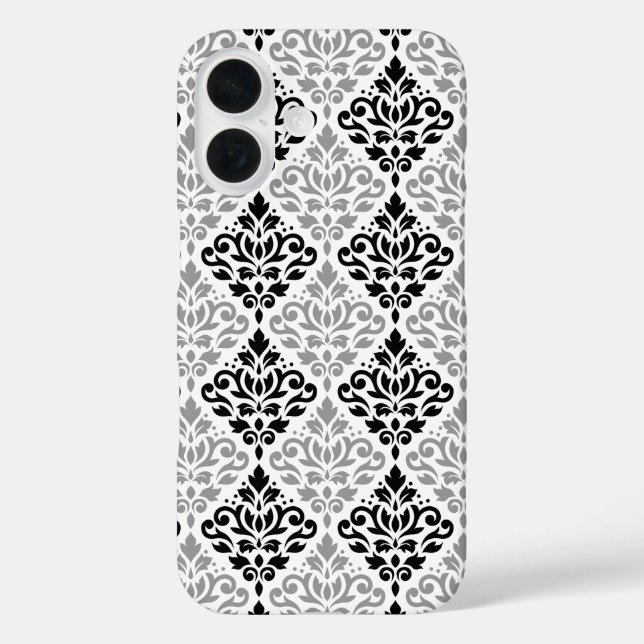 Funda iPhone 16 Desplazamiento Damask Gran patrón negro gris blanc (Reverso )