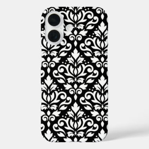 Funda iPhone 16 Desplazar Damask blanco sobre un patrón grande neg