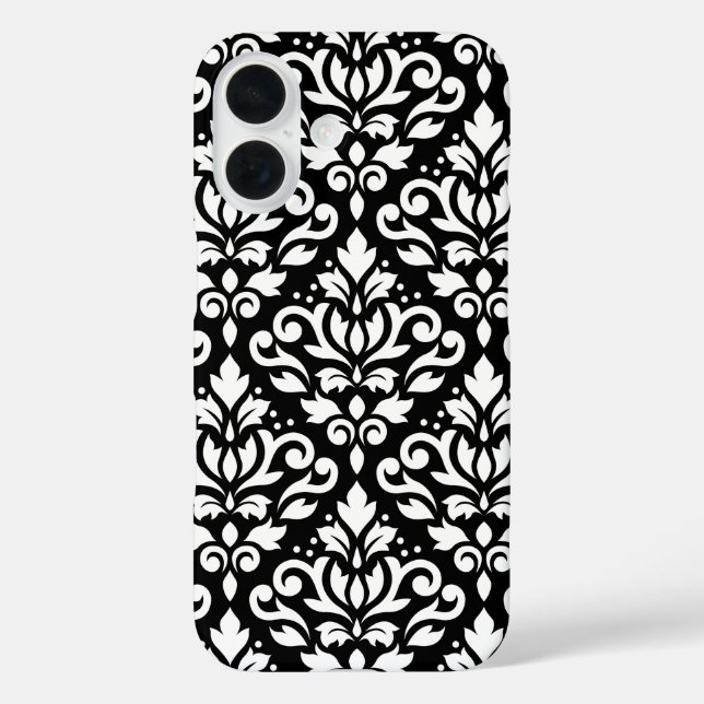 Funda iPhone 16 Desplazar Damask blanco sobre un patrón grande neg (Reverso )